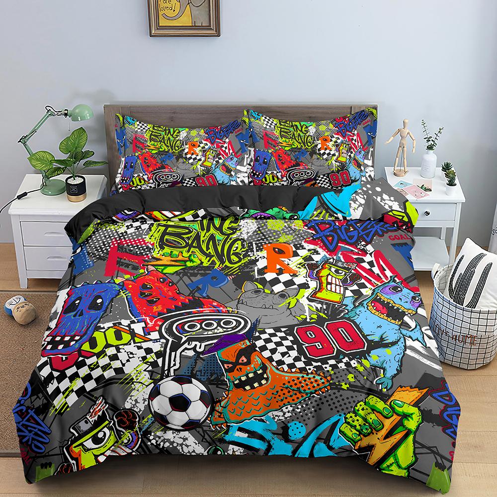 Cartoon Graffiti Königin König Bettbezug Abstrakt Psychedelischer Stil Bettwäscheset Bunt Moderne Kunst 2/3-teilig Polyester Steppdeckenbezug