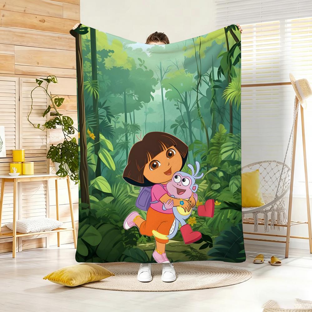 2DHand drawn Cartoon D-Dora the Explorer Throw Lightweight 240g Flannel Blanket Soft Skin-friendly for Summer Cooling