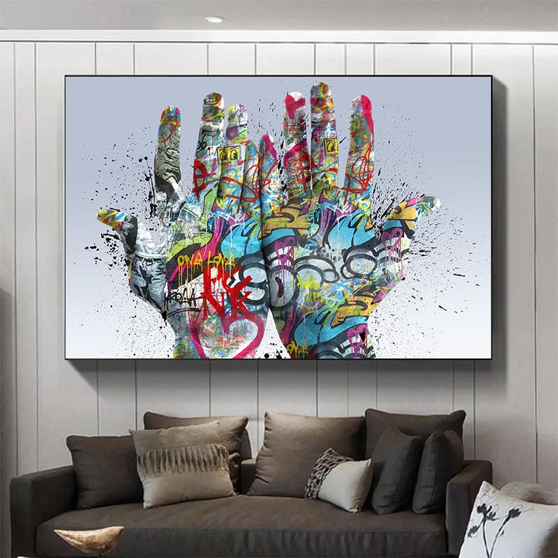 Modern Abstract Wall Art Canvas Street Graffiti Holding Hands Poster Print for Bedroom Living Room Home Decor Gifts