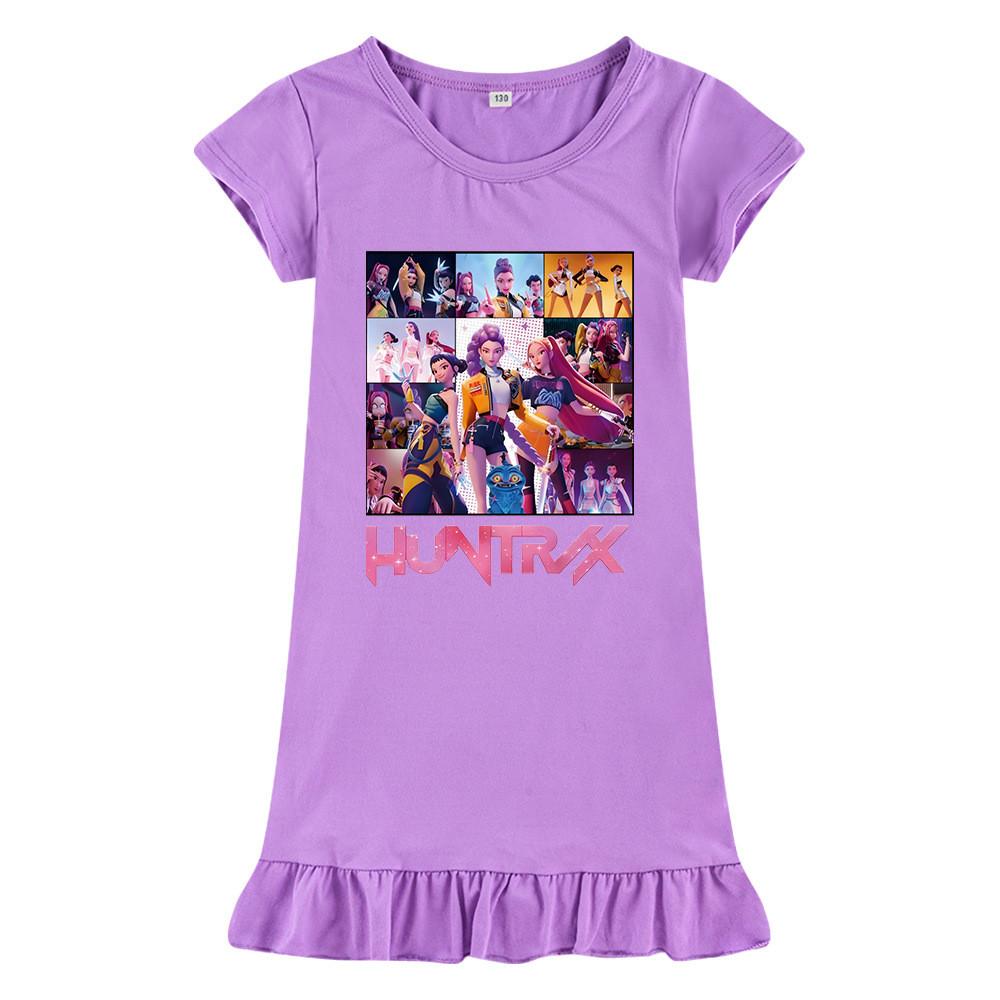 M1250 Kids Girls Kpop Rumi Zoey Mira Print Short Sleeves Ruffle Dress