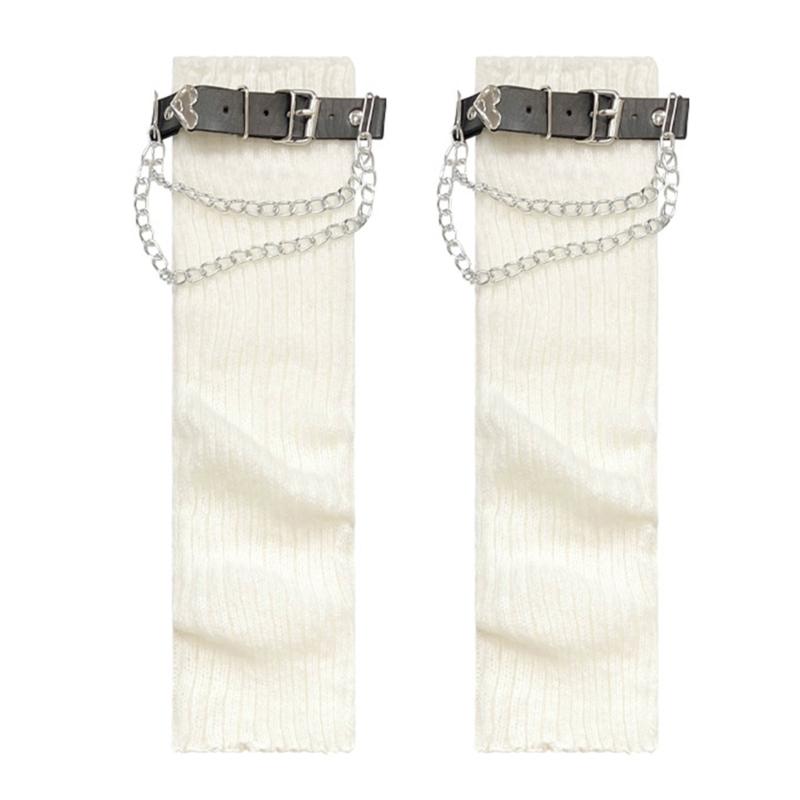 Ribbed Knitted Boot Toppers Covers with Heart Chain Leather Belt Harajuku Gothic Punk Leg Warmers Scrunch Long Socks