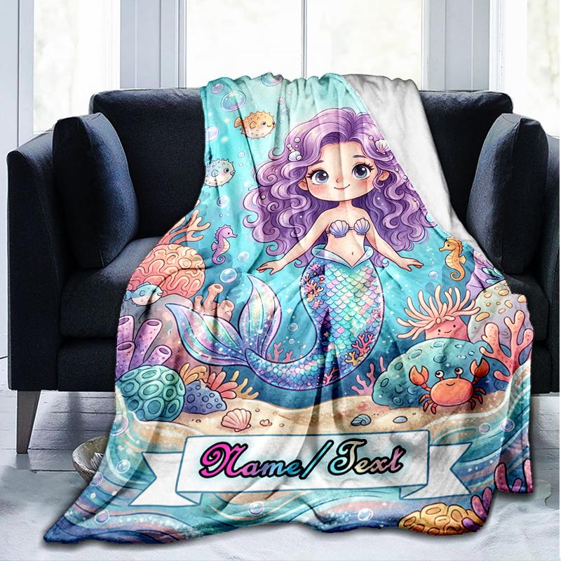 1PC Custom Name Mermaid Underwater Fantasy World outdooor Flannel blankets Throw Blanket All-Season Throw Gift Bedspread for Couch, Bed, Camping Holid