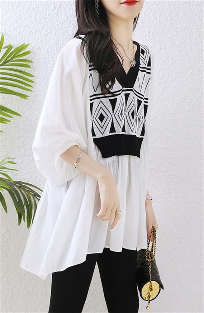[ZHENGTU] Women's Blouse Top – V-Neck, 3/4 Sleeve, Layered Summer Shirt, White, Size XL