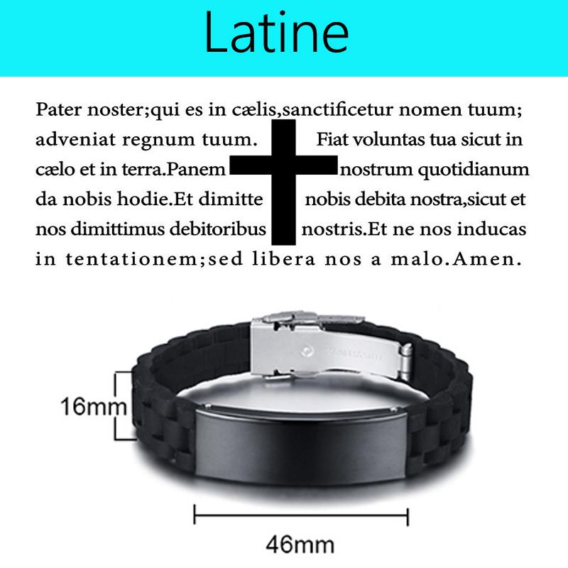 Engraved Christian Lord's Prayer Black Silicone Bracelet Men German French Hebrew Multi Language Brazalets