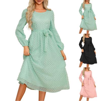 Women's Casual Fashion Round Neck Long Sleeved Weave Dress
