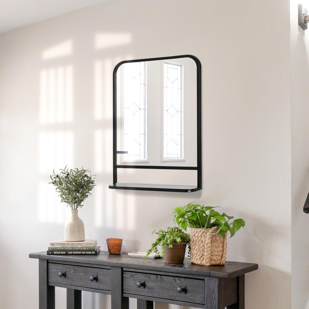 Wall Mirror with Metal Frame, Rounded Edges, 1 Shelf, 70 Cm X 10.2 Cm X 50 Cm, Black + Silver