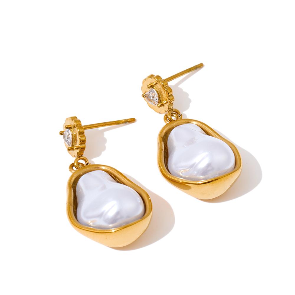 

Yhpup Baroque Simulated Pearls Zirconia Drop Earrings Golden Stainless Steel Geometric Chic Jewelry for Women Accessories Gift