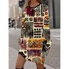 3D Retro Geometric Pattern Printed Dress, Autumn Long Sleeved Round Neck Casual Mini Dress