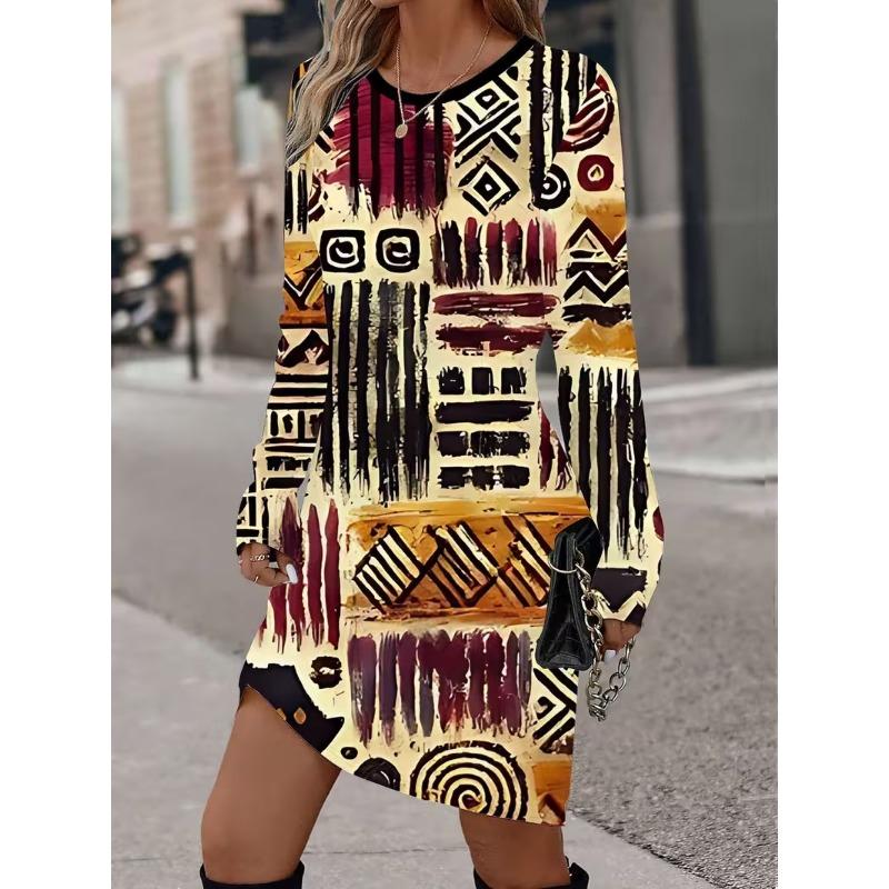 3D Retro Geometric Pattern Printed Dress, Autumn Long Sleeved Round Neck Casual Mini Dress
