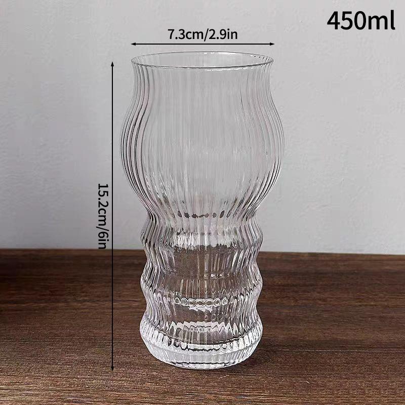 450ml Aesthetic Glass Cup Tall Cup Large Capacity Glass Cup Milk Tea Juice Cup Drink Glasses Bottle Striped Glass Cup Water Cup AS PICTURE