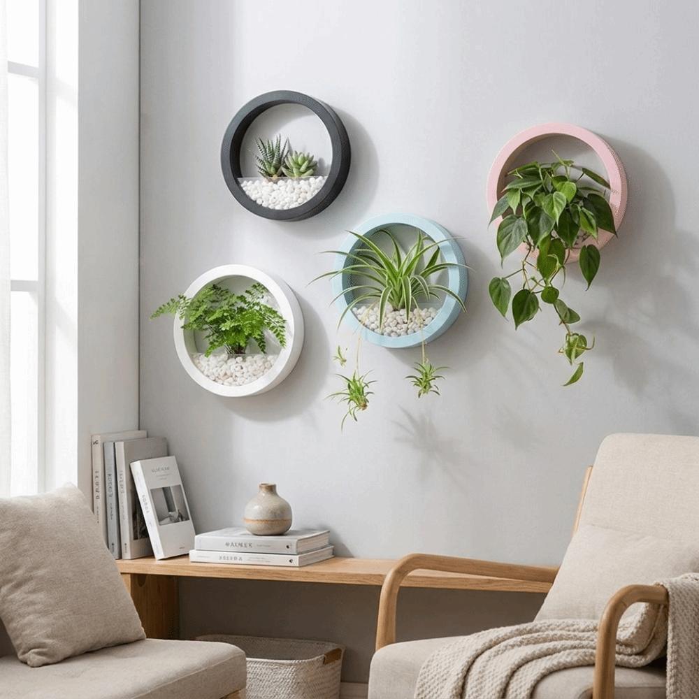 Round Wall-mounted Flowerpot Plastic Drill-Free Plant Container Space Saving Flower Arrangement Office Display