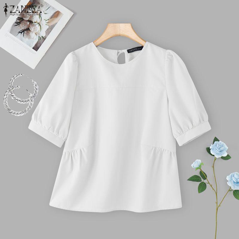 

ZANZEA Women Round Neck Short Sleeve Solid Casual Blouse S
