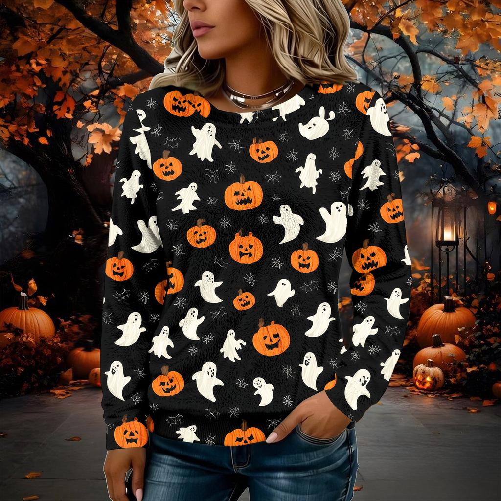 Women's Flannel Long Sleeve Top with Halloween Print Neck Pullover Shirt