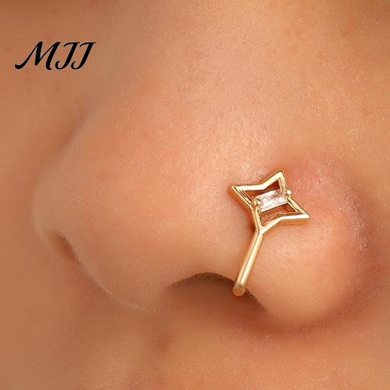 Star Shape Nose Ring 5 Pcs Hoops for Women Geometry Heart Rhinestone U Shaped Gold Plated Faux Piercing Jewelry