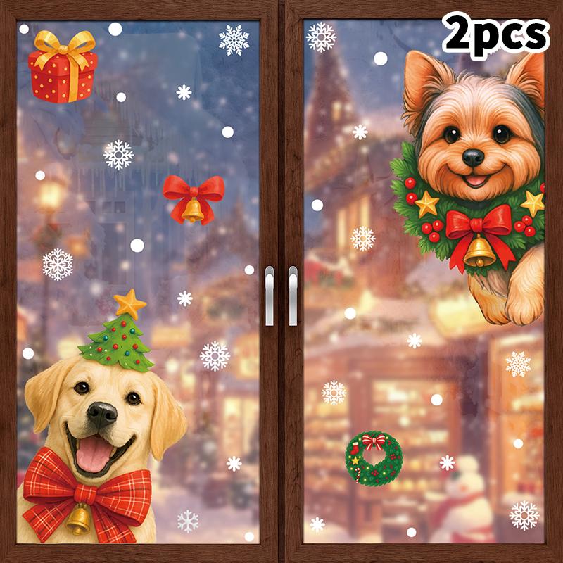 

Christmas Decorations Gift Box Static Stickers Shopping Mall Window Decoration Christmas Wreath Puppy Glass Stickers as the picture