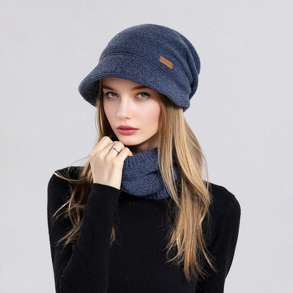 2Stk/Set Damen Wintermütze Schal Set Einfarbig Elastisch Verdickt Ohrenschutz Strickmütze Winddicht Halstuch Set