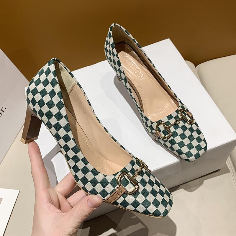 Square Head Single Shoes Women's Fashion Metal Buckle Thick Heel High Heels New Color Matching High Heel Single Shoes