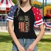 Women's Casual V-Neck Short Sleeve T-Shirt with Independence Day Print