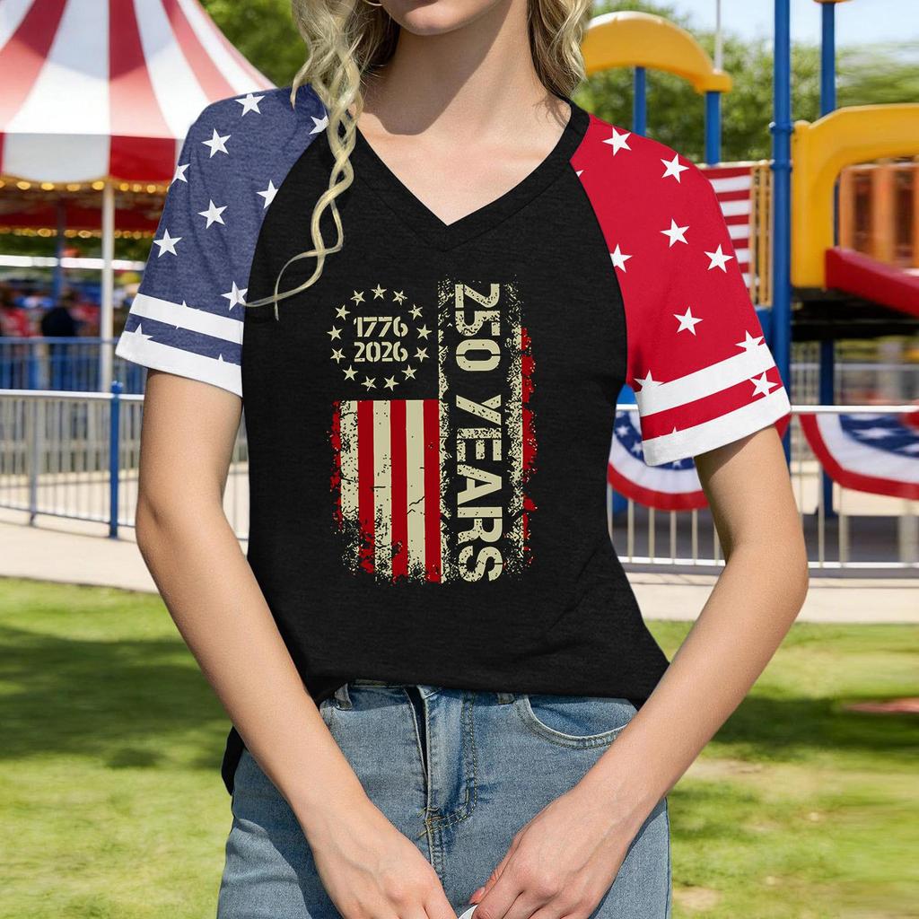 Women's Casual V-Neck Short Sleeve T-Shirt with Independence Day Print