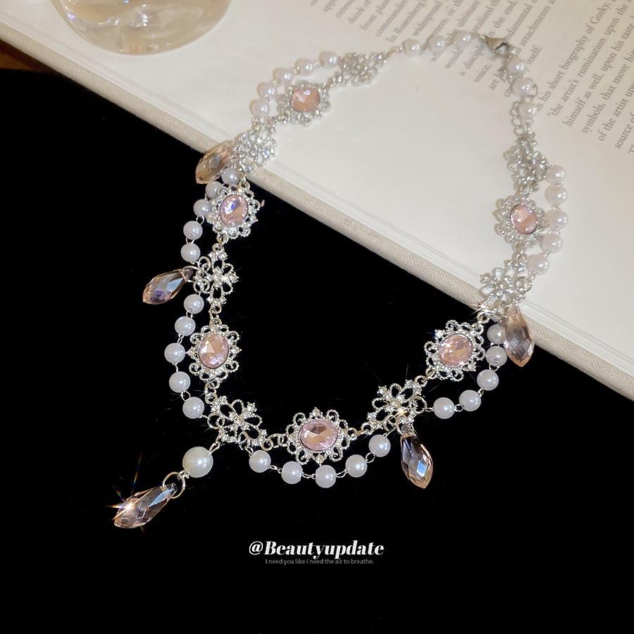 Korean Style Rhinestone Flower & Pearl Necklace: Elegant, Fashionable Clavicle Chain for Women 