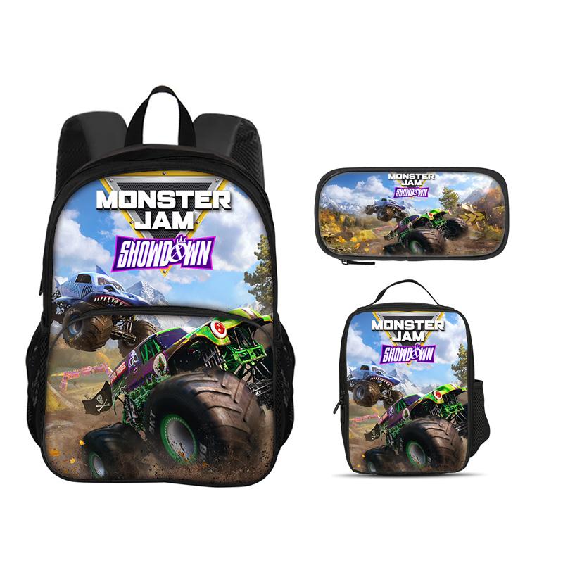 Monster Jam Round Front Bag Backpack Pen Bag Ice Bag 3Pcs Set Cartoon Print Student's Best Campus Companion Birthday Gift