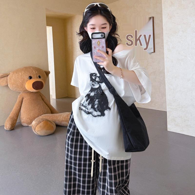 2026 Summer Maternity Set: Loose One-Shoulder Cotton Tee + Plaid Pants 2XL