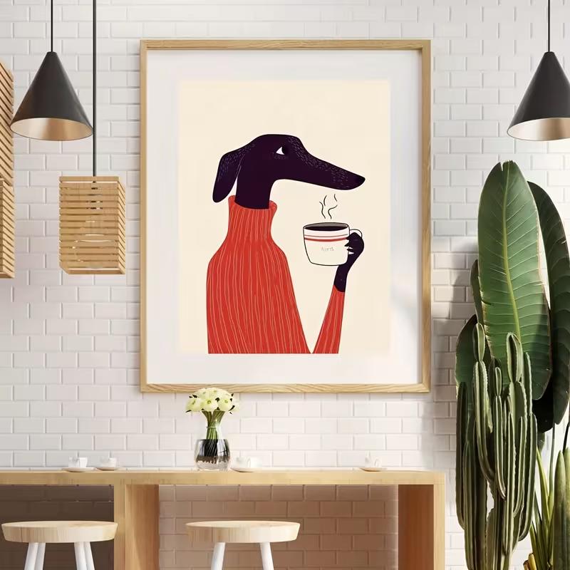 Whimsical Greyhound Dog Drinking Coffee Wall Art Print - Modern Minimalist Canvas Poster, Frameless, Ideal for Living Room,