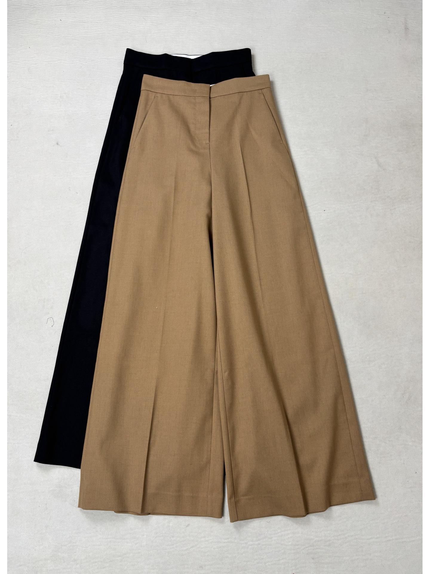 Women s Elegant Black Khaki High-Waisted Wool-Blend Wide-Leg Pants L