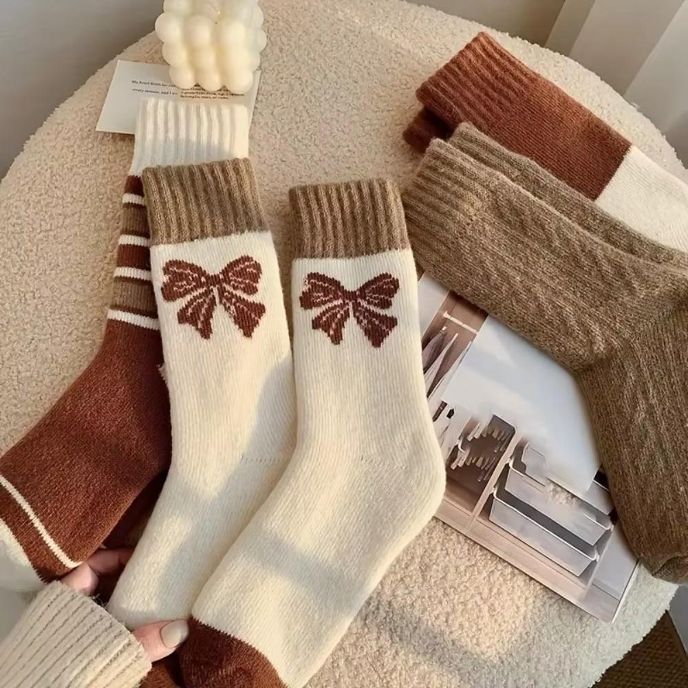 Knitted Cotton Women's Socks Bow Snow Boot Socks New Middle Tube Socks  Autumn and Winter