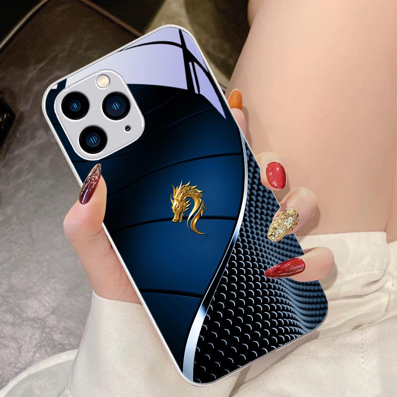 Black Tempered Glass phone case for iPhone 15 Pro 14 13 12 Mini 11 XS Max XR 7 8 Plu SE 2020 2022 Chinese Loong Powder