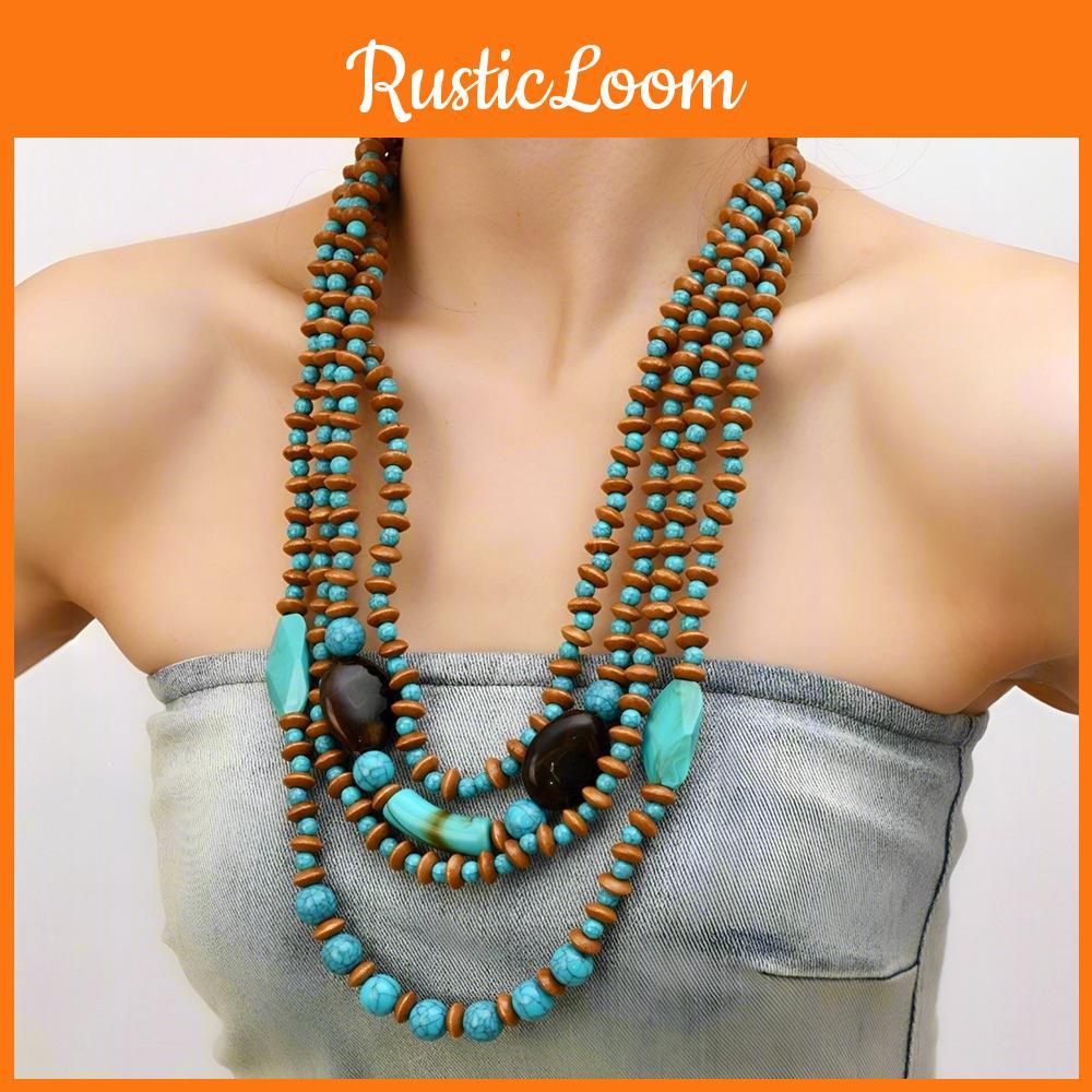 Multilayer Art Bohemian Wooden Pearl Necklace Round Geometric Decoration Women