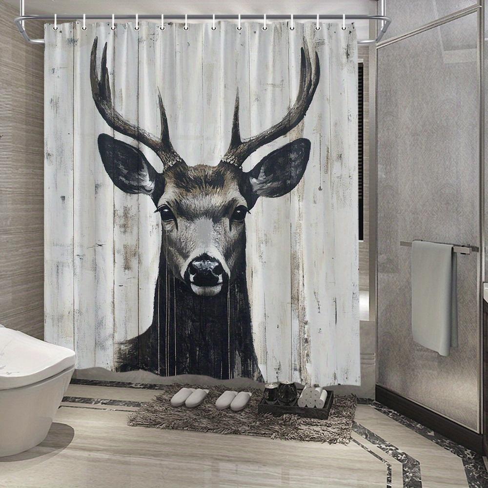 

1Pc Rustic Deer Head Shower Curtain With Antlers - Photorealistic Digital Art On Wooden Background, Polyester, 12 Hooks, W60H190(CM)-1 Pcs