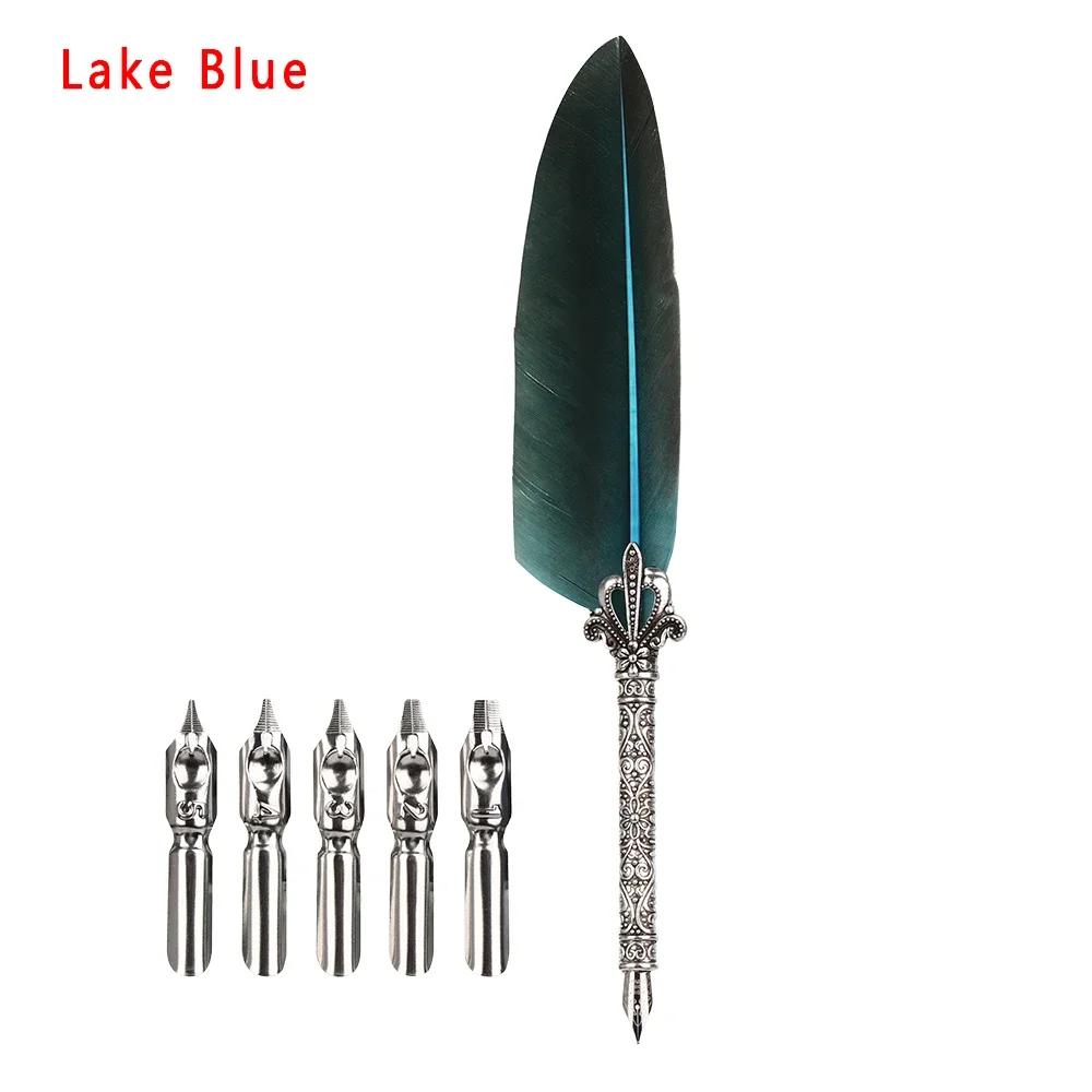 1 Set Multicolor Retro Quill Dip Pen Turkey Feather Pen Quill Oblique + 5 Nibs+ Pen Set Gift Writing Tools Office School Supply