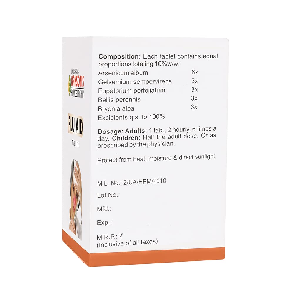 Dr Bakshi's Bakson's Homoeopathy Flu Aid Tablets 75 Count Seasonal Wellness Support Travel Friendly Daily Comfort