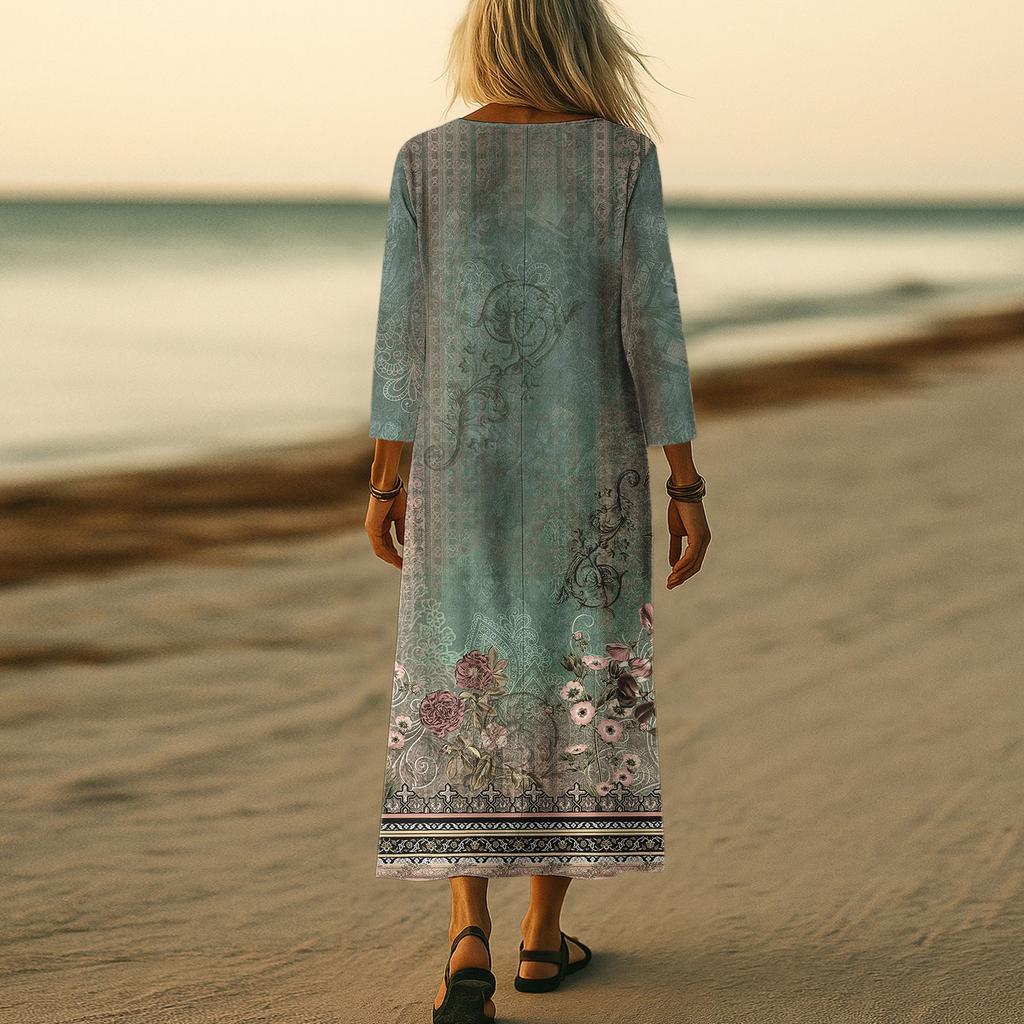 Dresses For Womens Vintage Print Tunic Waisted Midi Dress Summer Casual  3/4 Sleeve Dress