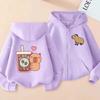 Cute Capybara Graphic Zip Hoodie for Girls Kids Cartoon Animal Print Long Sleeve Hooded Jacket With Pocket Loose Daily Outfit
