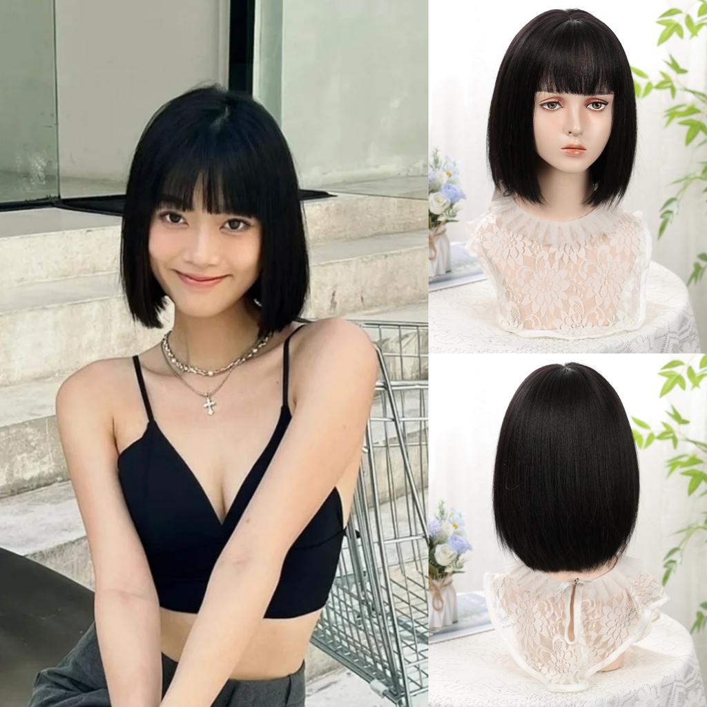 Krátké rovné černé syntetické paruky s ofinou Přírodní pro každodenní nošení Černé paruky pro ženy Cosplay Párty Tepelně odolné