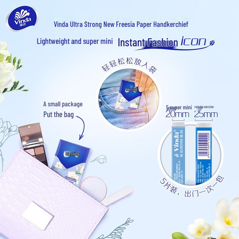 Vinda 4-Ply Floral Scent Handkerchief Tissues, 24 Portable Packs, Small Pack Tissues, Napkins, Wet Wipes for Face.