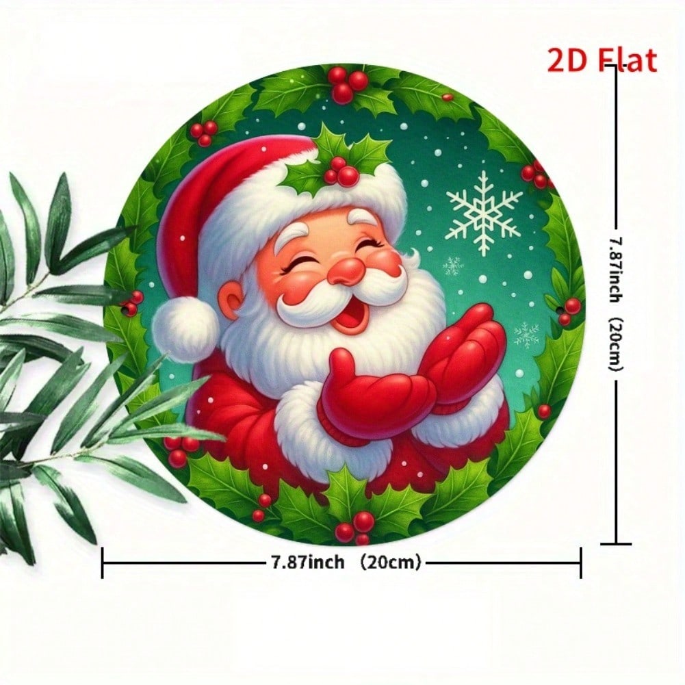 Vintage Santa Claus Teal Round Metal Wall Art Christmas Gift Cookies Holiday Decoration 7.8 Inch Indoor Home Office Party Decor