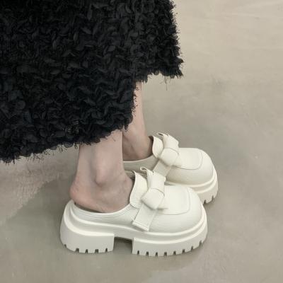 Fashion Platform Wrapped Toe Slippers Women's Fashion Round Toe Deep Mouth Bow Platform Anti-Slip Wear-Resistant Block Heel Shoes