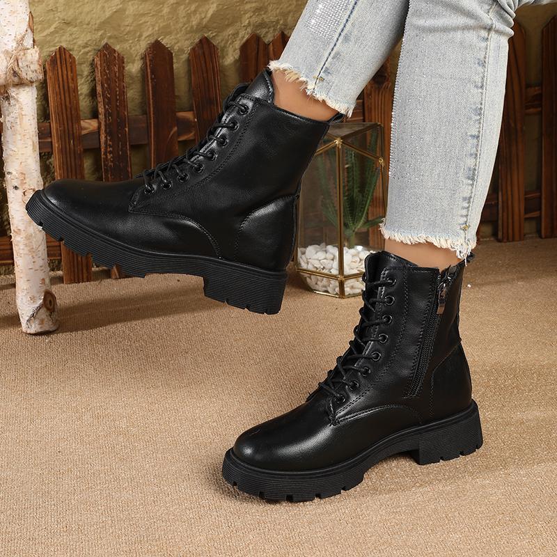 Fall/Winter New Women's  Platform British-Style Snow Boots, Casual Leather Lace-Up & Side Zipper Fashion Ankle Boots