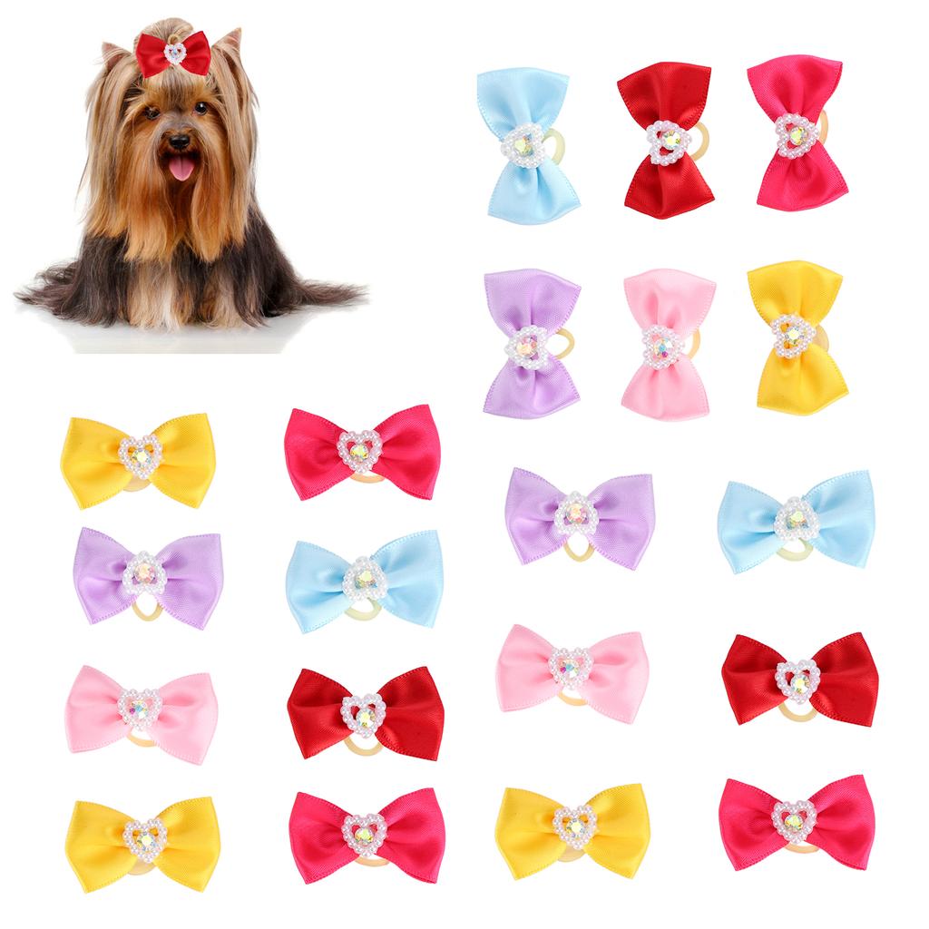 20Pcs Handsewn Cute Pet Hair Bows Grooming Bows Lovely Bowknot with Rubber Bands for Pet