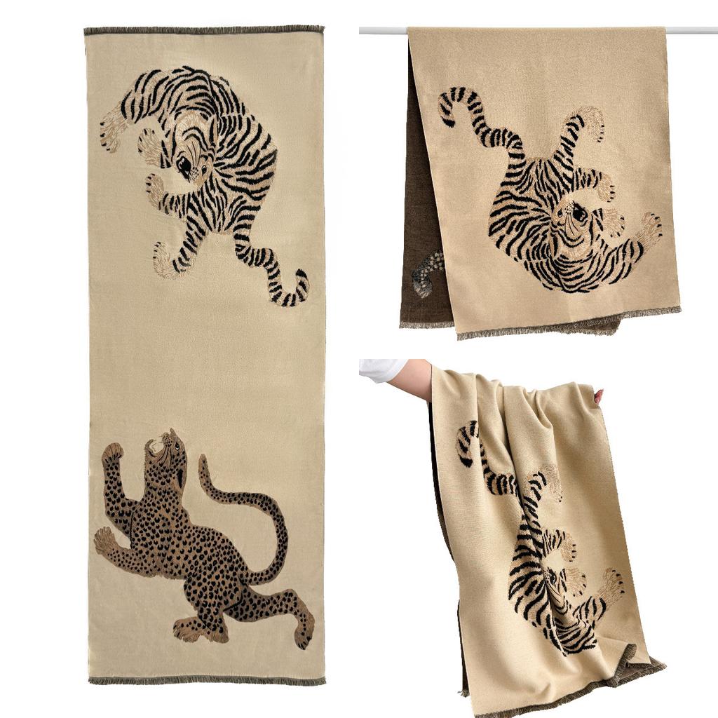 New Style Faux Cashmere Scarf for Women, Double-sided Shawl, Thickened and Warm, Leopard Print and Tiger Print Neck Warmer