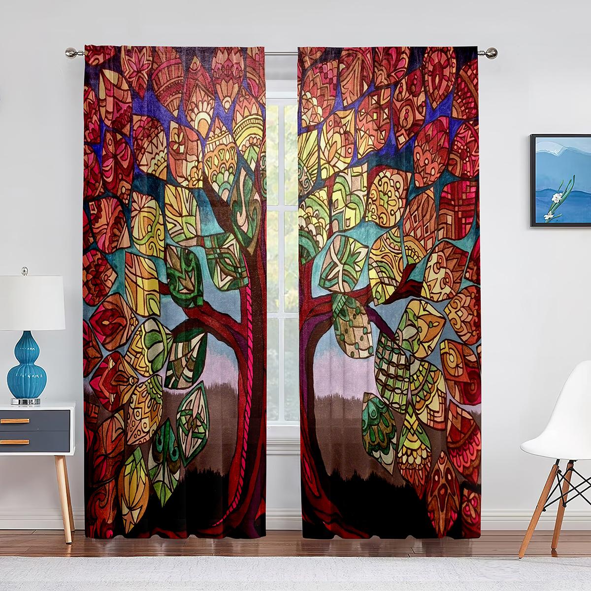 Cortinas de tul con estampado de la naturaleza y la temporada del bosque con temática del árbol de la vida para sala de estar, dormitorio, cocina, cortina de gasa transparente para ventana 1 PCS W150XH250cm&Grommet Top