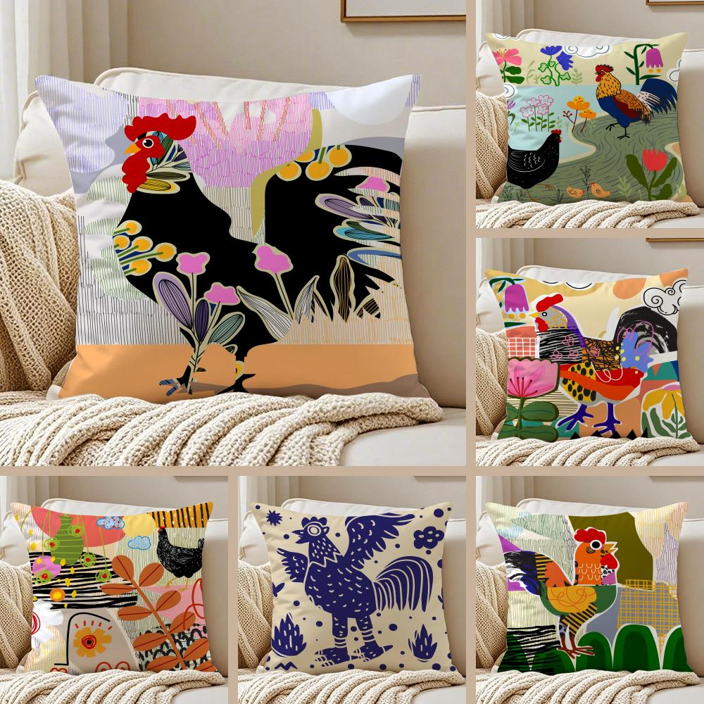 Rooster Doodle Art Pillow Case Silky elegant Comfort Sofa Bed Invisible zipper