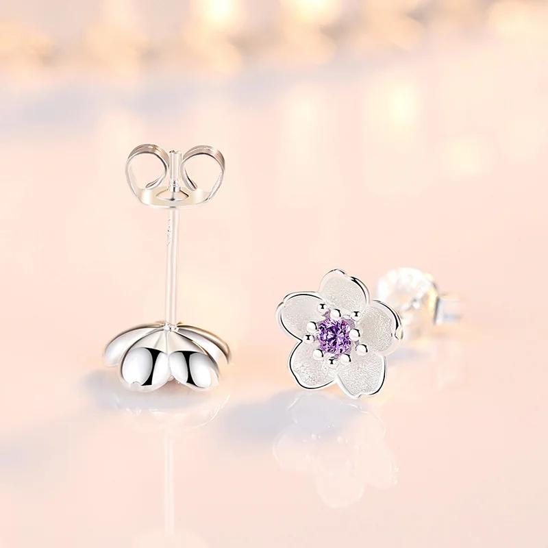 Real 925 Sterling Copper Fashion Fungus Ornaments Romantic Cherry Small Clean Earrings Pink Purple Luxury Zircon for Women Girl