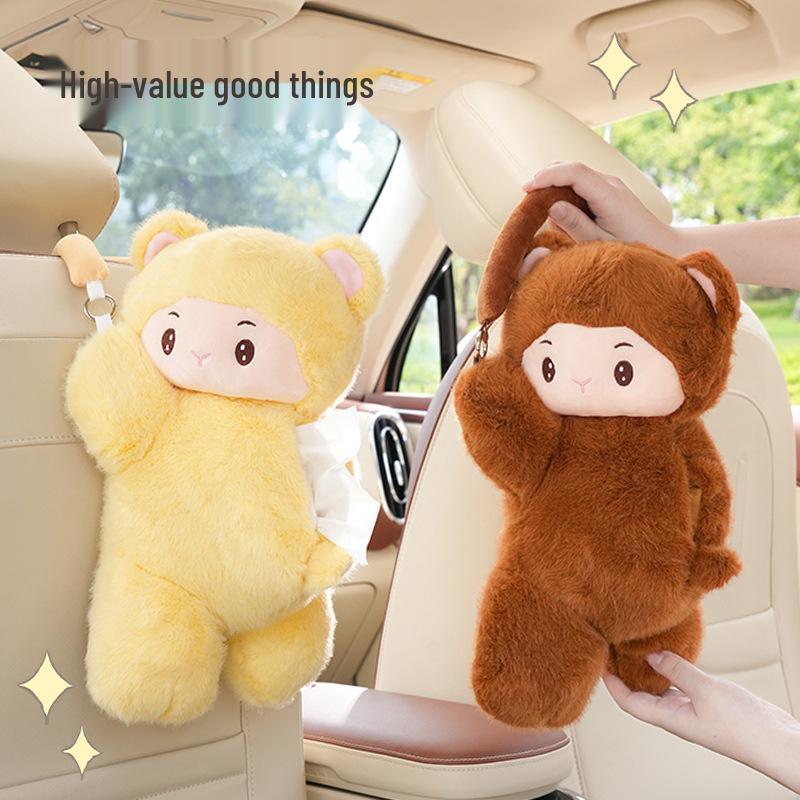 Plush Monkey Car Tissue Holder: Cute Cartoon Doll Pull-Out Tissue Box for Interior.