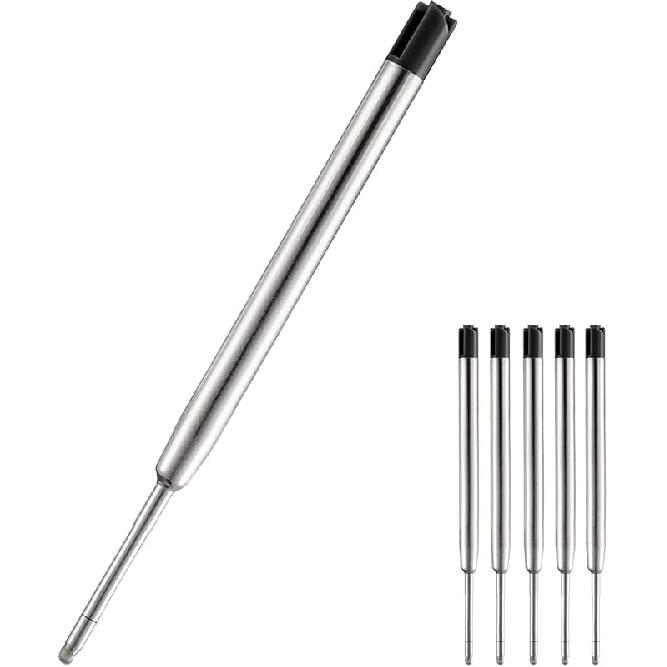 HeTaoCat Black Ink Refill Pack of 5, Replaceable Ballpoint Pen Refills, Medium Point Metal Refil (Black)