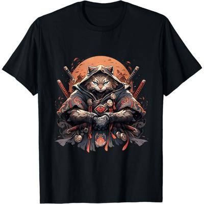 AETYOAJKLUoi Arte Giapponese Gatto Ninja Stile Ukiyo-e Anime Gatto Samurai T-shirt