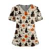 Women's V Neck Short Sleeve Medical Scrub Top with Double Pockets Side Slit Hem Halloween Print Nurse Uniform Shirt